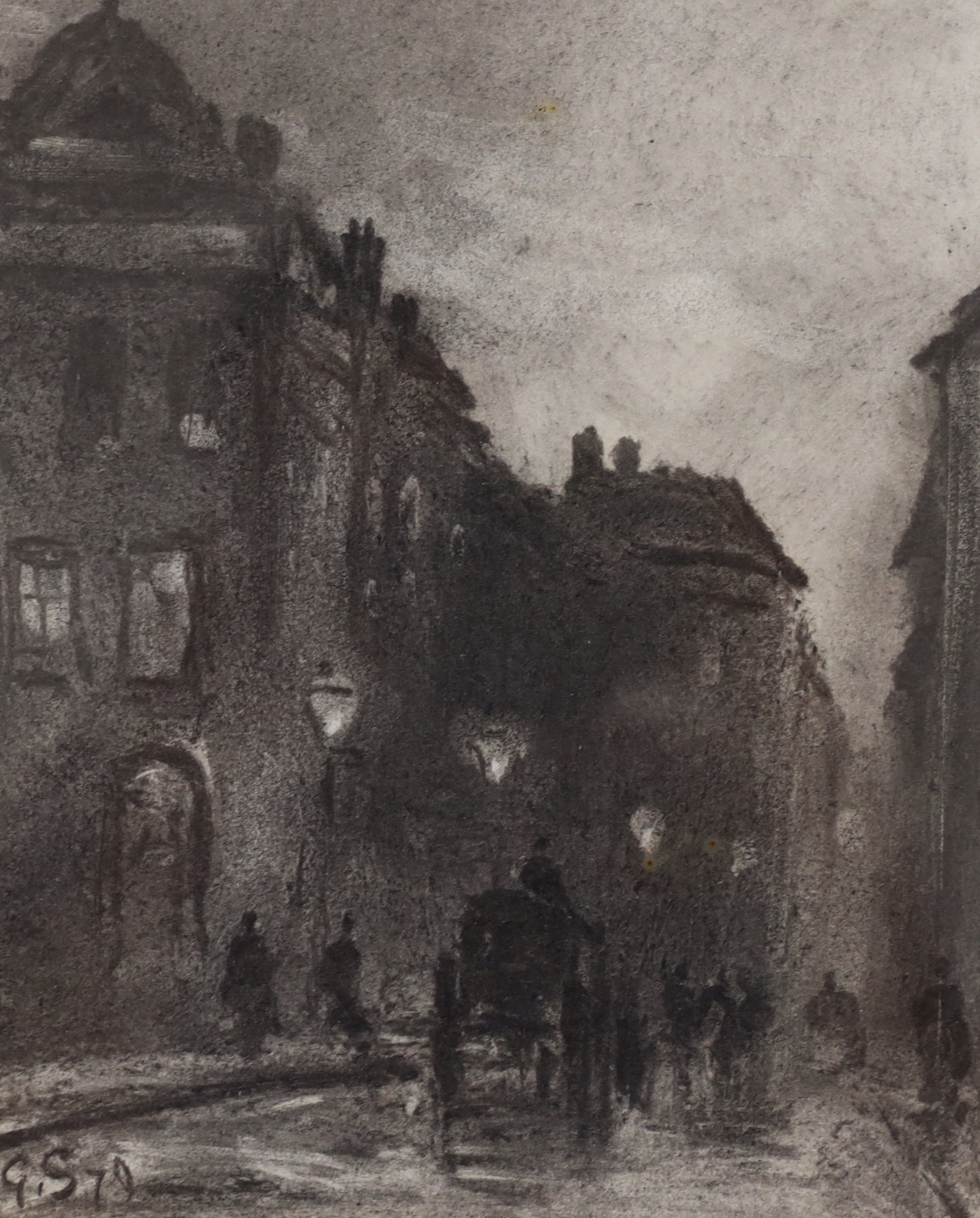 George Sheffield (1839-1892), charcoal drawing, Street scene at night, initialled and dated '79, 21 x 18cm